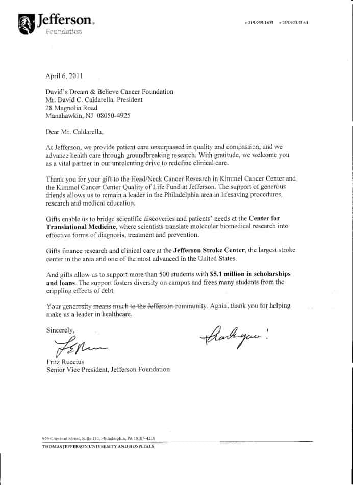 Senior Vice President Jefferson Foundation Thank You Letter
